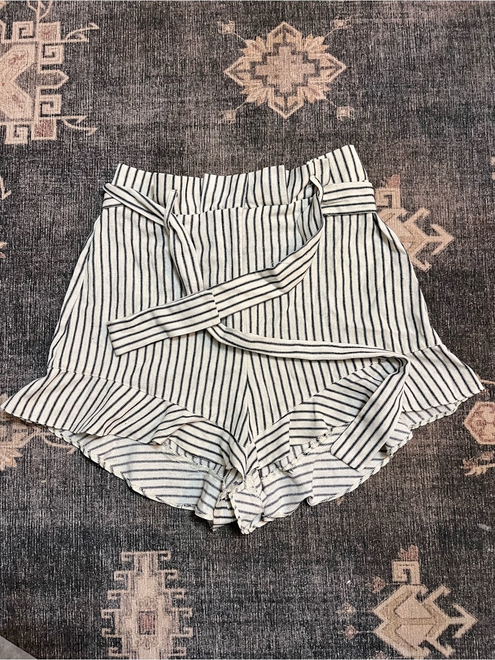 ASOS White and Black Striped Tie-Waist Ruffle-Hem High Waist Shorts